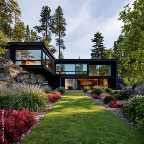 Modern House Sits Next to Rocks With Trees and Plants in the Yard During Sunn...