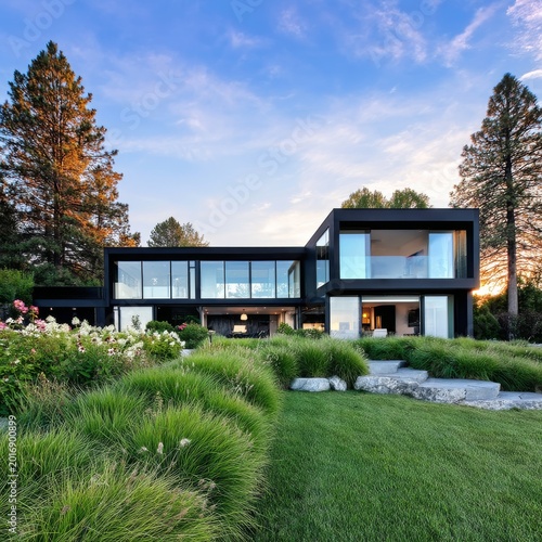 Modern House With Large Windows and Green Garden at Dusk in Residential Area