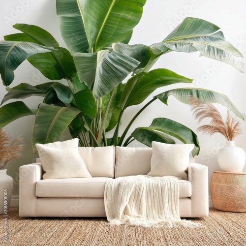Living Room With Large Green Leaf Mural and Cozy Furniture in a Bright Space