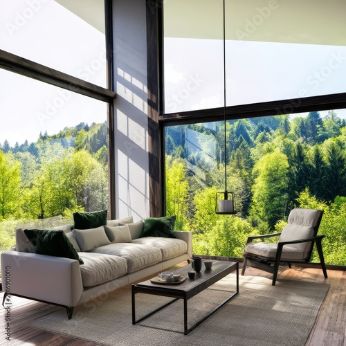 Modern Living Room With Large Windows Overlooking Green Trees