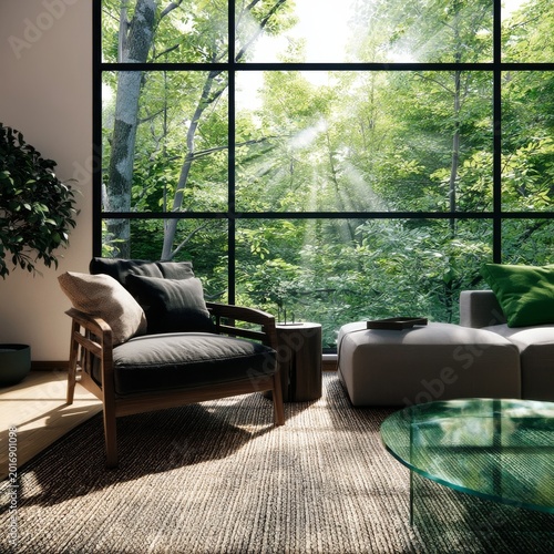 Modern Living Room With Large Windows Overlooking Green Trees