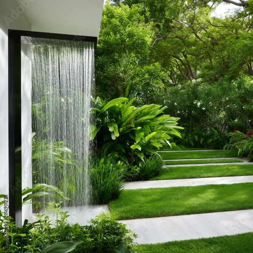 Water Feature in a Garden With Green Plants and Stone Pathway During Daylight