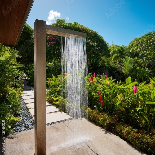 Water Feature in a Garden With Green Plants and Stone Pathway During Daylight