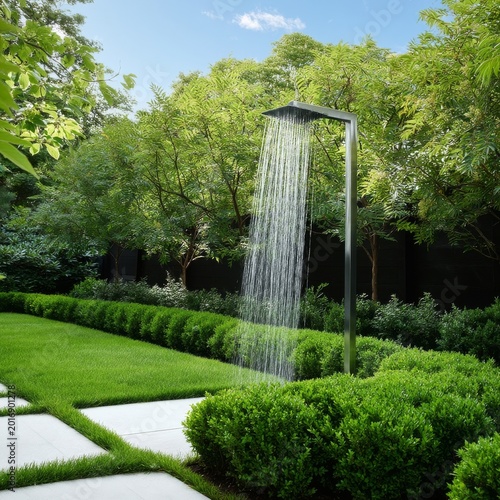 Outdoor Shower Stands in a Garden Surrounded by Green Plants and Trees in Bri...