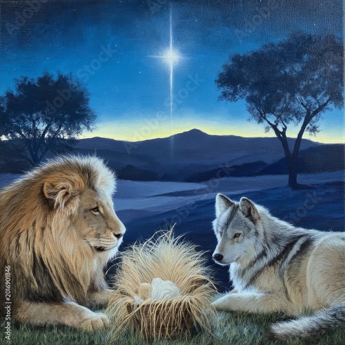 Wild Animals Gather Under a Bright Star in the Night Sky