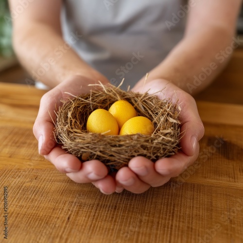 Hands Hold Bird Nest With Three Yellow Eggs on Wooden Table