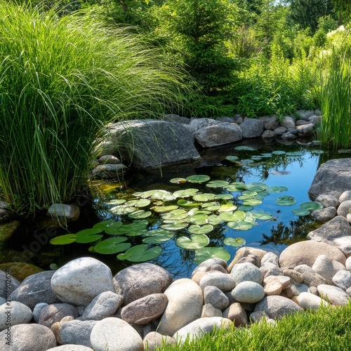 Water Lily Pond With Smooth Stones and Green Plants in a Garden Setting Durin...