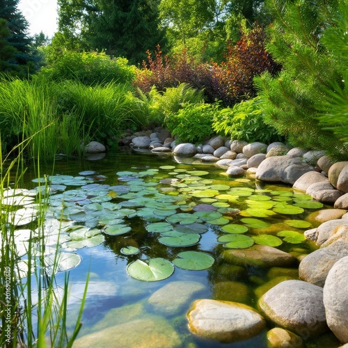 Lily Pads Float on a Clear Pond Surrounded by Lush Greenery and Smooth Stones...