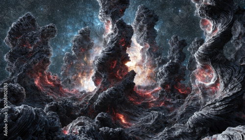 Cosmic nebula with glowing gas clouds and rocky formations
