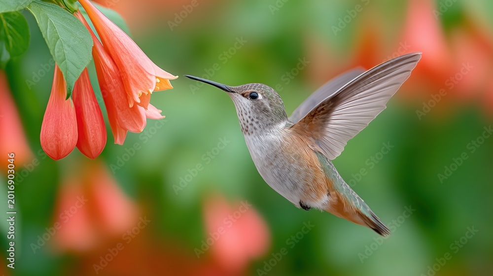 Fototapeta premium Hummingbird in Colorful Flower Garden
