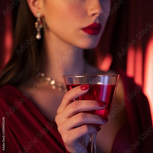 Woman Holding Red Drink in Elegant Setting During Evening Event