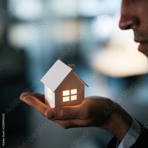 Holding a Small Lighted House Model in a Hand Near a Persons Face in an Indoo...