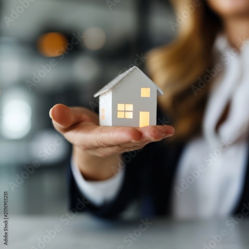 Holding a Small Lighted House Model in a Hand Near a Persons Face in an Indoo...