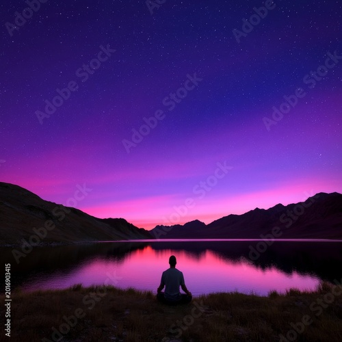 Person Sitting Near Water Looking at Mountains and Sky at Sunset in a Tranqui...