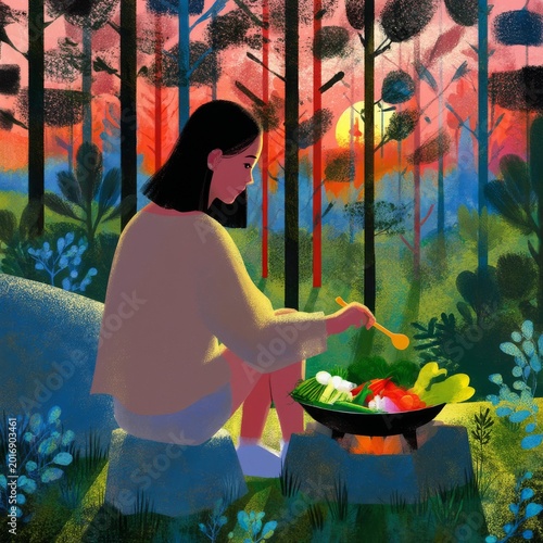 Cooking Vegetables Over a Fire in a Forest at Sunset as a Woman Enjoys the Mo...