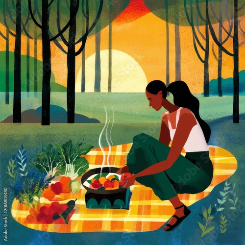Cooking Vegetables Over a Fire in a Forest at Sunset as a Woman Enjoys the Mo...