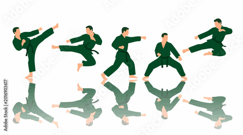 Foto Martial Arts Figures in Green Uniforms with Various Dynamic Poses and Reflection