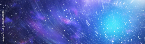 Wide web banner abstract texture. Glowing stars motion blur and light speed warp effect in deep cosmos.