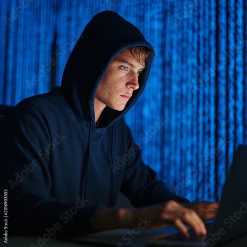 Person in a Hoodie Working on a Laptop With Blue Background at Night in a Dim...