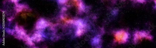 Panoramic abstract space background with vibrant purple and magenta nebula clouds.