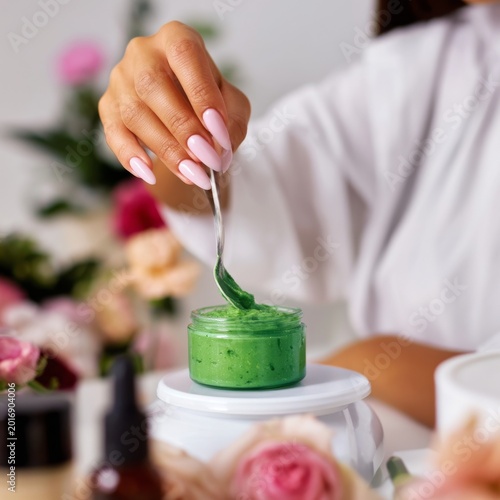 Woman Using Green Skincare Product in a Beauty Setting With Flowers