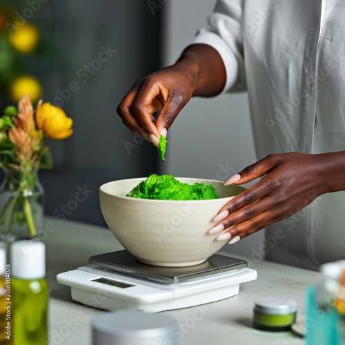 Woman Using Green Skincare Product in a Beauty Setting With Flowers