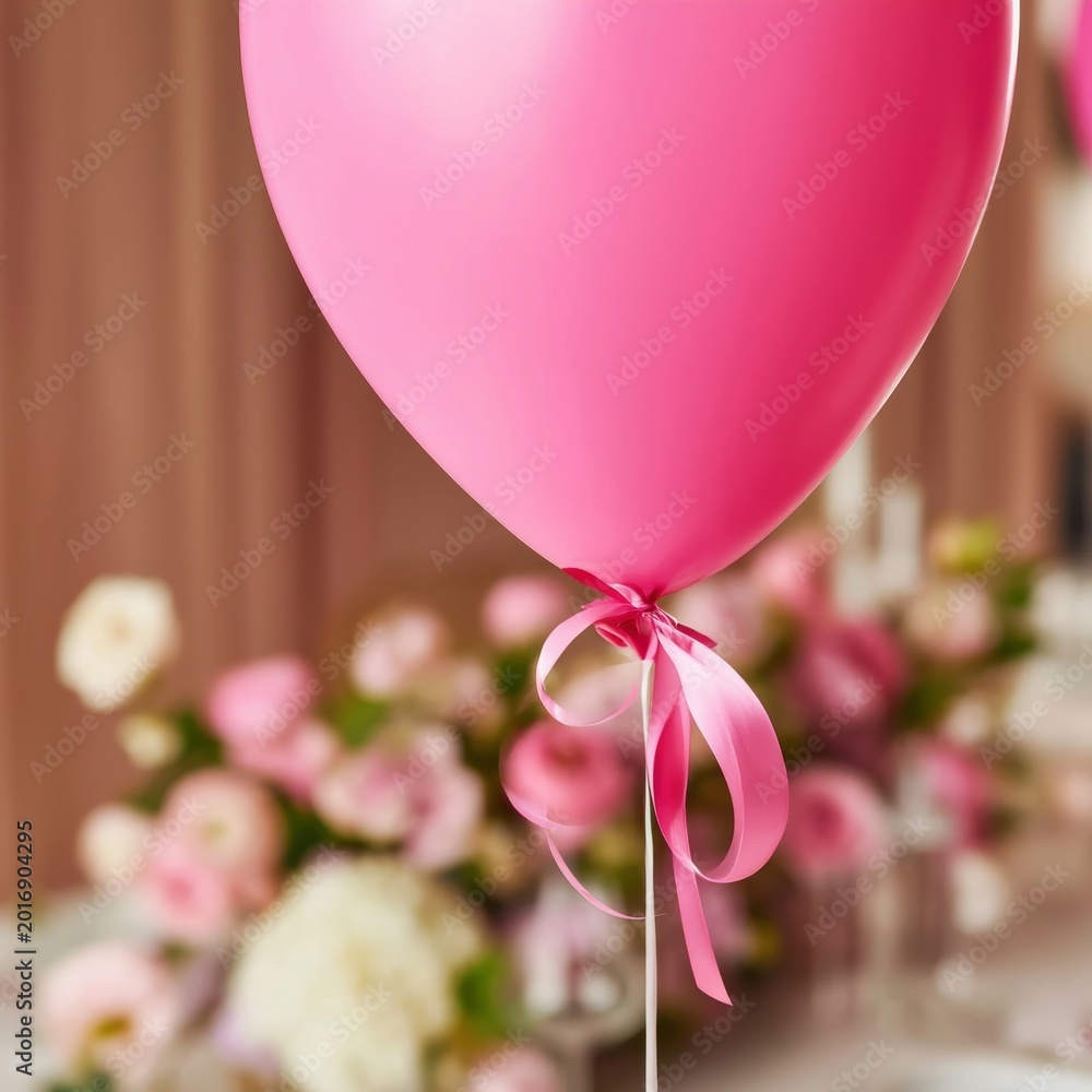 Obraz premium Pink Balloon Decorates Table at Celebration Event in a Festive Setting With Floral Arrangements