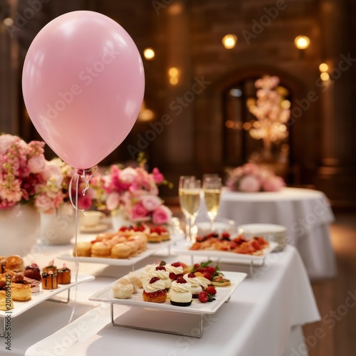 Sweet Treats and Pink Balloons at a Party Table With Flowers and Desserts in ...