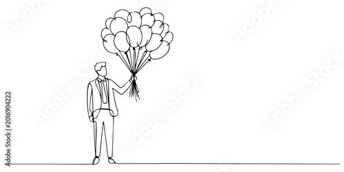 Принти на полотні Single one line drawing the male worker standing holding lots of balloons