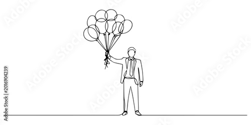 Billede på lærred Single one line drawing the male worker standing holding lots of balloons