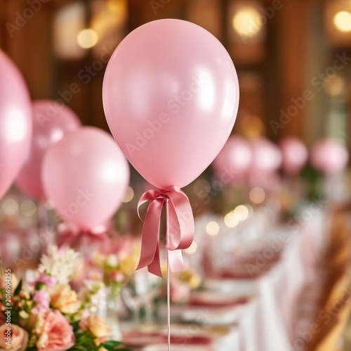 Celebration Setup With Pink Balloons and Floral Arrangements at a Dining Table