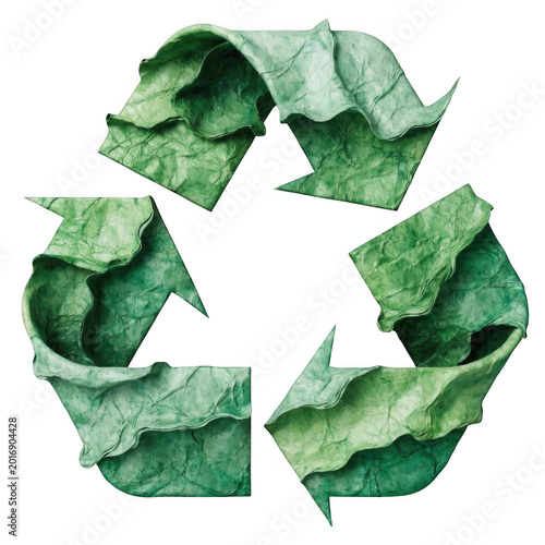 Green recycling symbol made of crumpled paper on white background