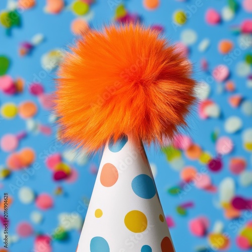 Bright Orange Pom-Pom in Decorated Tube With Colorful Dots Against a Blue Bac...