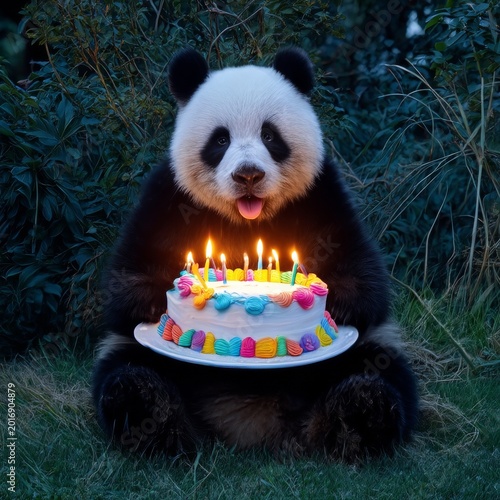 Panda Enjoys a Cake With Candles in a Natural Setting During a Celebration