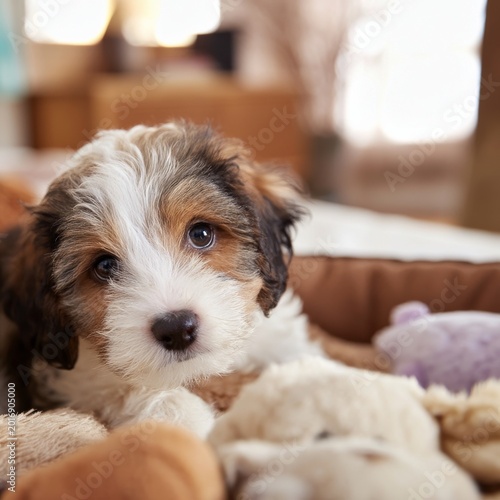 Cute Puppy Rests on Bed Surrounded by Plush Toys Indoors During the Day