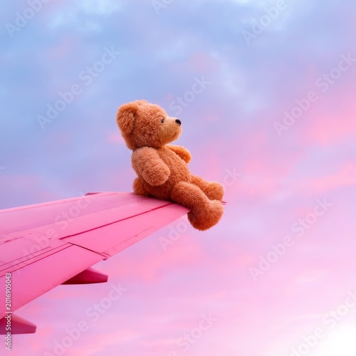 Teddy Bear Sitting on the Wing of a Pink Airplane at Sunset Over a Colorful Sky