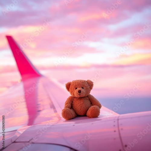 Teddy Bear Sitting on the Wing of a Pink Airplane at Sunset Over a Colorful Sky