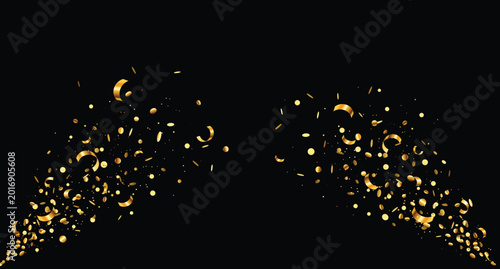 Golden confetti burst with metallic glitter particles and curling ribbons on black background, festive luxury celebration banner for party, award, wedding and New Year design. Vector set