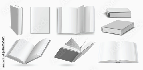 Photography Hardcover books open and closed in realistic 3D vector views, blank white hardba