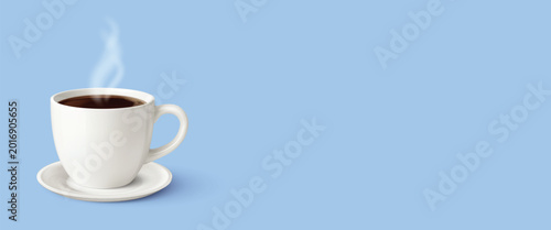 Konstfotografi Coffee cup on saucer with steam, realistic 3D white ceramic mug of hot black cof