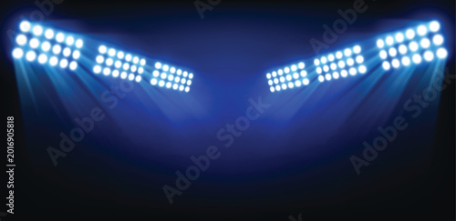Photos Stadium floodlights with bright white spotlights and blue beams on dark arena background, realistic sports lighting banner for night match, championship or event presentation