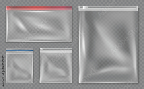 Transparent ziplock bags and resealable plastic pouches with zipper sliders, realistic empty storage packaging mockups for food, travel, cosmetics and household organization. Vector set