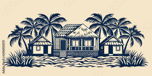 Tableau sur toile Tropical beach huts with thatched roofs vintage style illustration