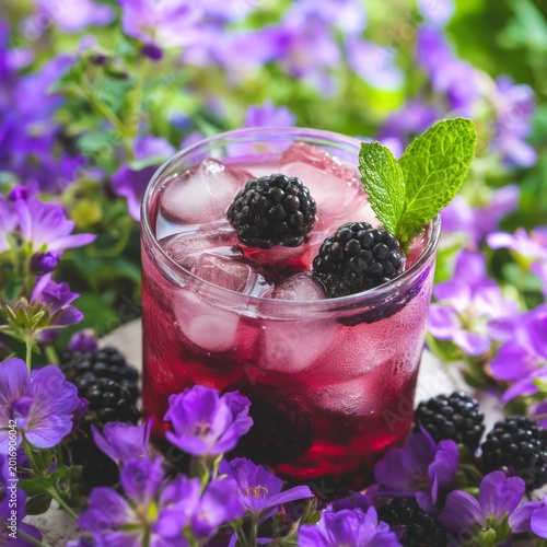 Fresh Blackberry Drink Served in a Glass on a Surface Surrounded by Purple Fl...