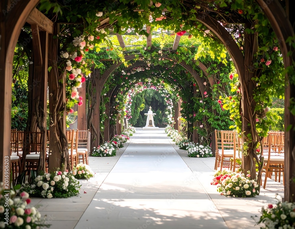 Fototapeta premium Elegant Wedding Aisle Adorned with Floral Decorations and Romantic Ceremony Setup for Luxury Wedding Event Concept