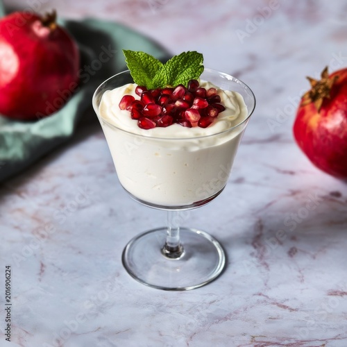 Delicious Dessert With Yogurt, Pomegranate Seeds, and Mint on a Marble Table