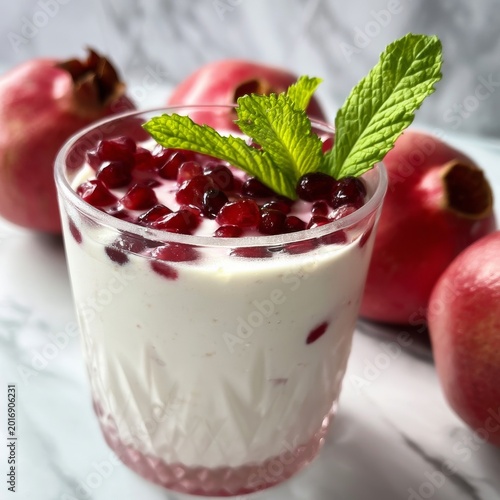 Delicious Dessert With Yogurt, Pomegranate Seeds, and Mint on a Marble Table