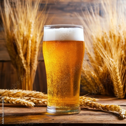 Craft Beer in a Glass With Wheat Stalks in Background on Wooden Table