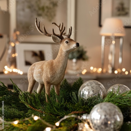 Decorative Reindeer Near Christmas Tree With Lights During Holiday Season