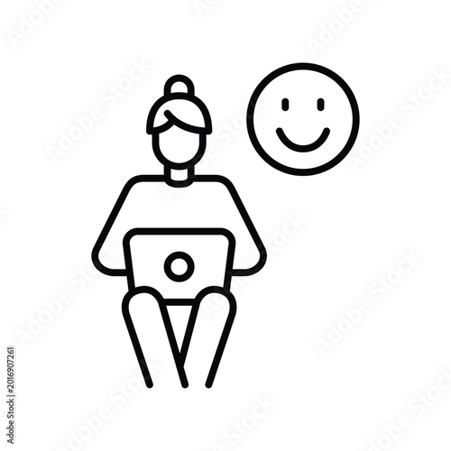 Woman working or studying at laptop and smiley. Positive user experience feedback. Pixel perfect, editable stroke vector icon